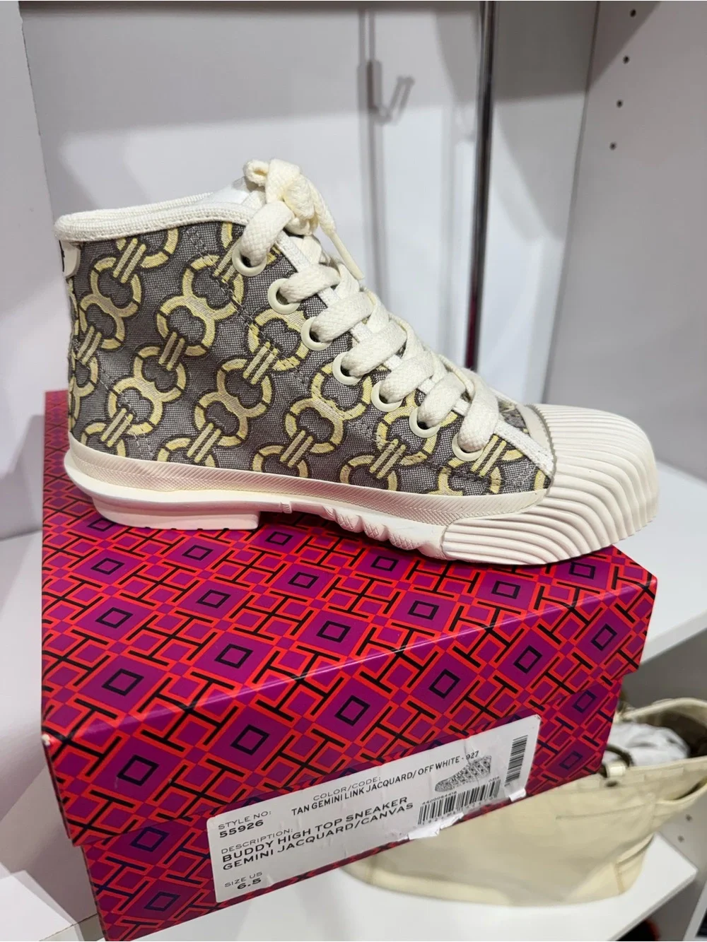 Tory Burch Gray and Cream Patterned High-Top Sneakers